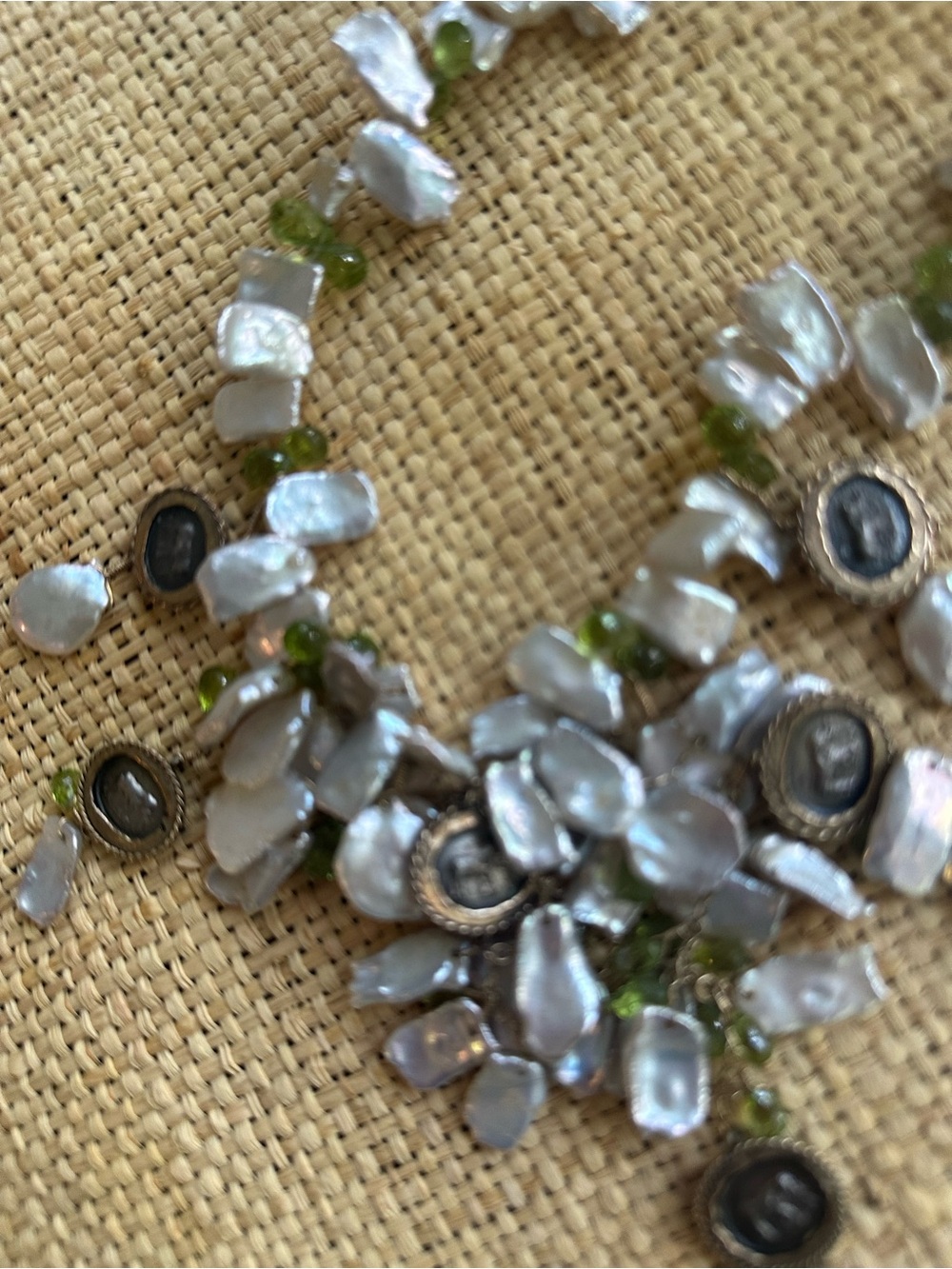 Handcrafted White Pearl and Green Bead Necklace - by Anne cole Pratt